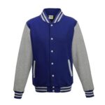 Adult LETTERMAN JACKET in Royal Blue & Heather Grey,  with your own logo DTG printed on the front or back.